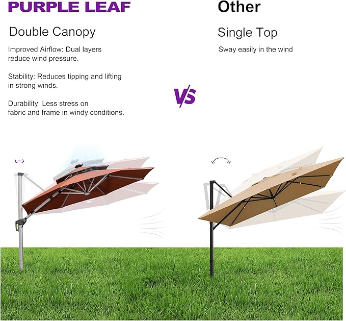 PURPLE LEAF 12ft Solar powered LED Patio Umbrella Outdoor Round Large Cantilever Umbrella with LED lights Windproof for Garden Deck Pool Patio, Brick Red
