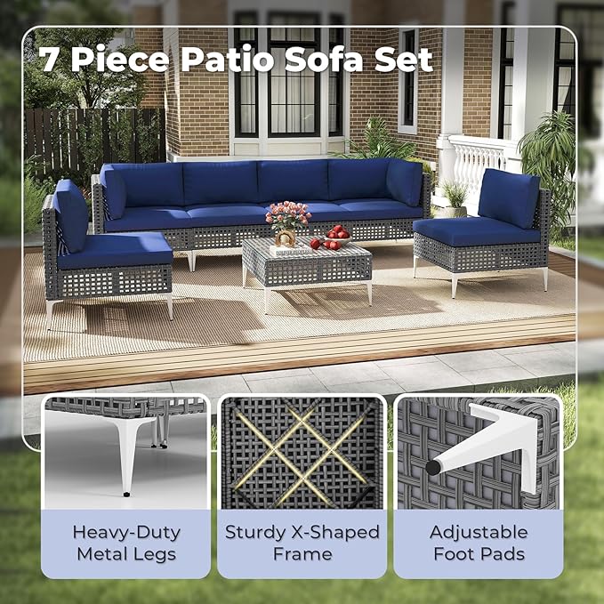 Tangkula 7 Piece Outdoor Furniture Set, Patiojoy Patio Wicker Sectional Cushioned Sofa Set with Coffee Table, for Backyard, Poolside, Porch and Lawn (Navy Blue)