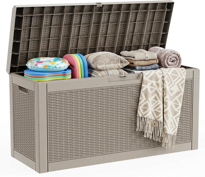 70 Gallon Weather Resistant Resin Storage Bench, Lockable Outdoor Deck Storage Box, Multi-Purpose Patio Container for Garden Tools, Pool & Picnic Accessories, Indoor Outdoor Use,Grey