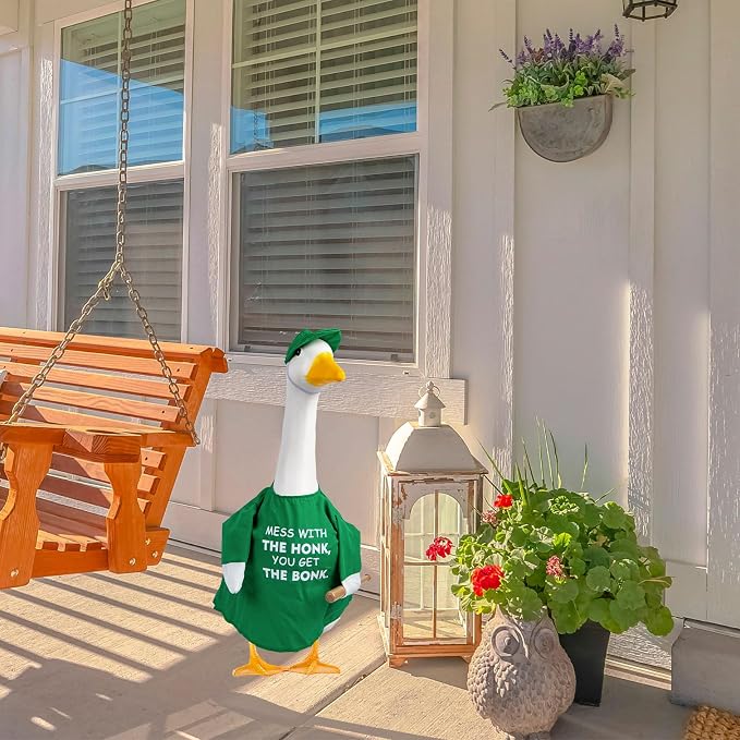 CAMDUCK Funny Porch Goose Outfit for 23 Inch Goose Statue, Mess with The Honk You Get The Bonk Goose Clothes, Decorative Lawn Geese Costume Clothing for Outdoor Decor (Green)