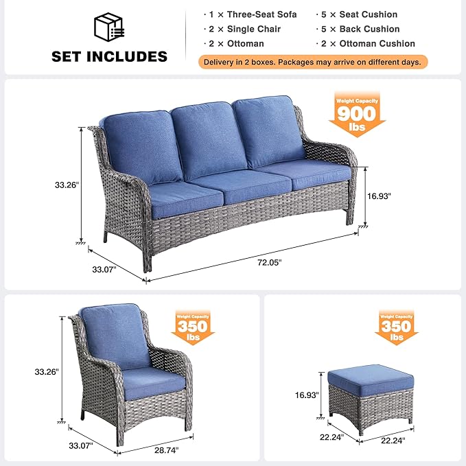 ovios 5-Pieces Patio Furniture Set, Outdoor Wicker Sofa Couch with Chairs Ottomans Comfy Cushions, All Weather High Back Modern Conversation Set, Grey Rattan, Denim Blue