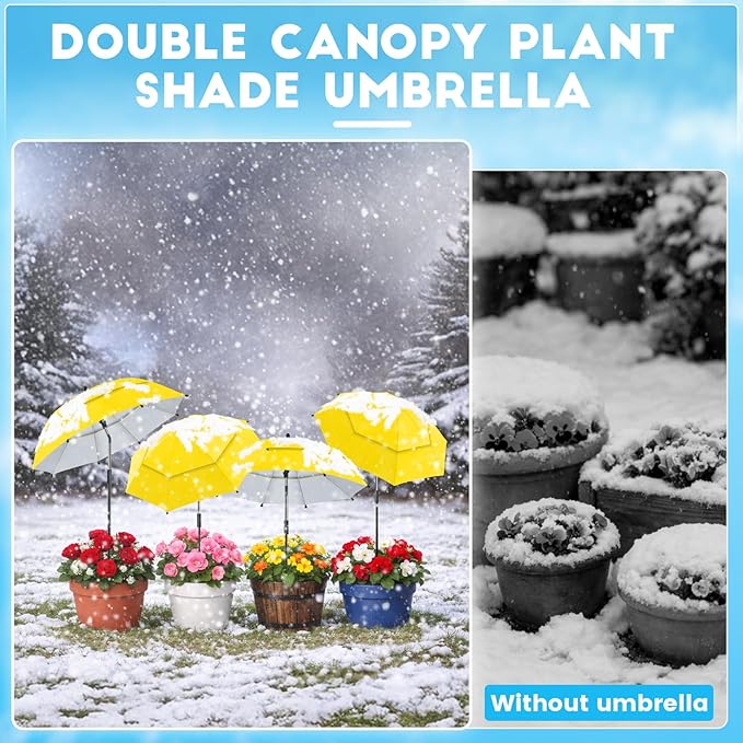 4 Pack 24.9" Double Canopy 47.2" Height Plant Umbrellas for Outdoor Plants, 3D Stakes 360° Adjustable Plant Shades for Outdoor Plants, Garden