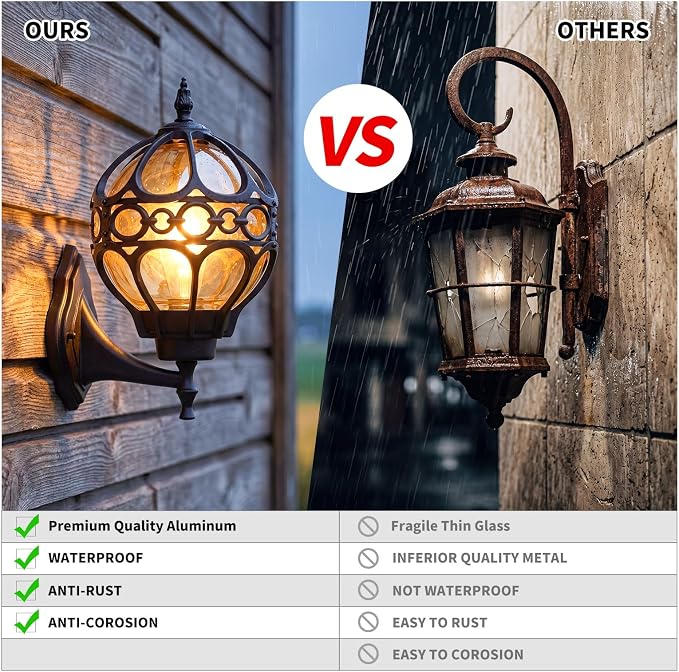 2 Pack Black Globe Outdoor Wall Lights, Round Exterior Wall Sconce for Patio, Porch, Garage, Anti-Rust Aluminum Wall Mount Lighting Fixture, Classic Wall Lantern with Ornate Cage & Amber Glass
