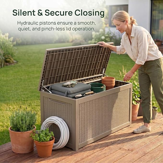 319 Gallon Extra Large Outdoor Storage Box, Waterproof Deck Box with Lockable Lid, Resin Outside Storage Box for Patio Furniture, Pool Accessories,Garden Tools, Storage Bench for Backyard, Gray Coffee