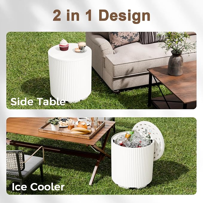 Outdoor Cooler Side Table, 2-in-1 Ice Chest Cool Side Table with Storage, Removable Lid, Patio Cooler Table for Poolside, Deck, Beach,White