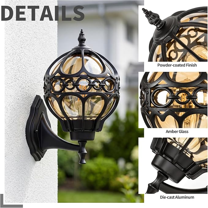 2 Pack Black Globe Outdoor Wall Lights, Round Exterior Wall Sconce for Patio, Porch, Garage, Anti-Rust Aluminum Wall Mount Lighting Fixture, Classic Wall Lantern with Ornate Cage & Amber Glass