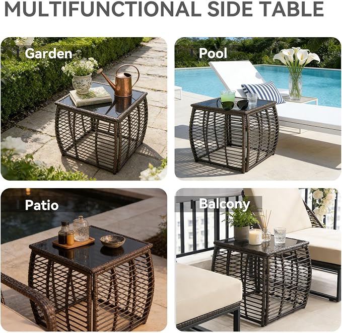 Kinfant Square Outdoor Wicker Side Table – Patio End Table with Tempered Glass Top, All-Weather Rattan Coffee Table for Balcony, Porch, Deck, Garden, Black Gold