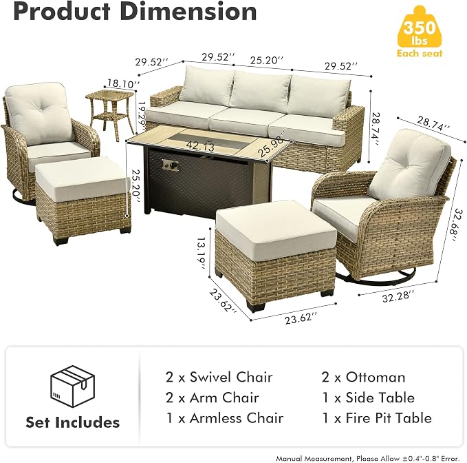 HOOOWOOO Sectional Patio Furniture Set with Fire Pit Table,9 Pieces Wicker Outdoor Furniture Couch,Outside Conversation Set Extra Deep Seat Sofa Wide Rocking Chairs Ottomans Arm Solar Table,Gray