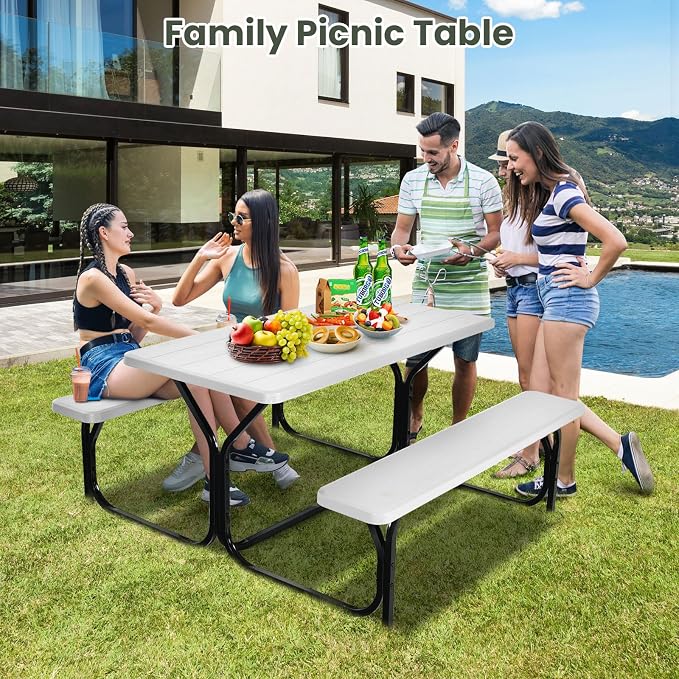Picnic Table, Camping Portable Picnic Table Bench Set for 4 Persons, Heavy-Duty Steel Frame & Resin Tabletop, All Weather Outdoor Picnic Tables for Patio Travel BBQ Party Garden (White)