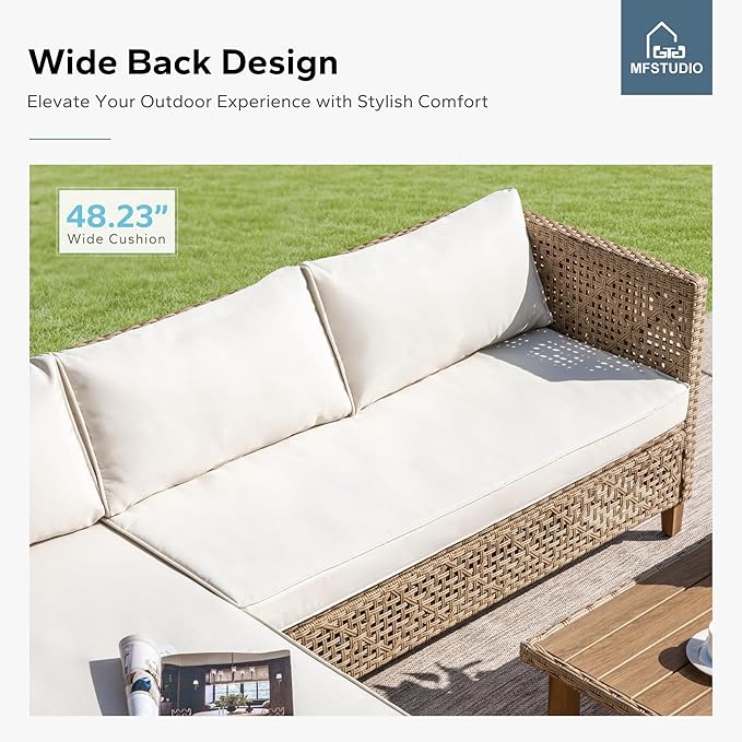 MFSTUDIO Wicker Patio Furniture Set, Rattan Outdoor Couch Sectional Sofa, 5 Pieces Patio Conversation Set with Acacia Wood Coffee Table, Outdoor Rattan Furniture Set for Garden or Balcony, Beige