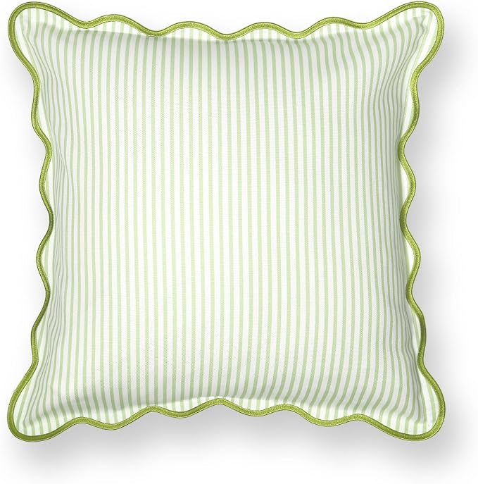 Hofdeco Premium Coastal Patio Indoor Outdoor Scalloped Throw Pillow Cover Only, 20"x20" Water Repellent for Backyard, Couch, Green Print Stripes A