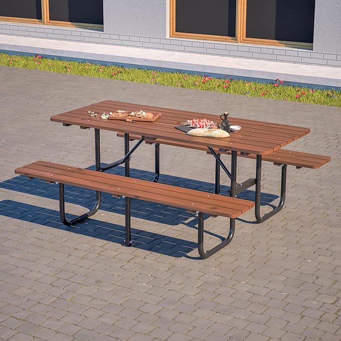 72" Rectangular Commercial Picnic Table with Wooden Top, Metal Legs, Durable Outdoor Dining Table Camping Table with 1.97" Umbrella Hole for School, Warehouse, Brown