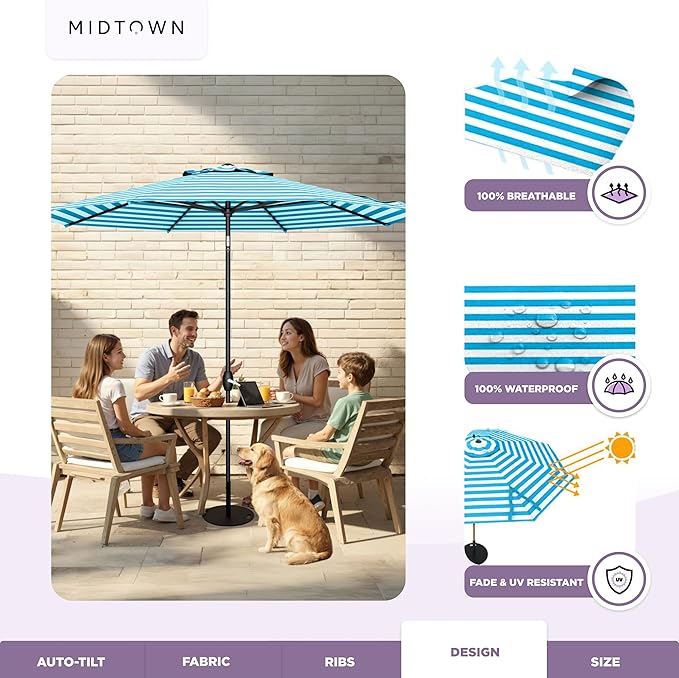 Midtown Umbrellas - 10-Year-No-Fade 10 Ft Patio Umbrella with Terylast Fabric, Auto-Tilt Aluminum Frame and 8 Reinforced Ribs for Deck, Pool, Garden & Beach - Blue/White Stripes Canopy, Black Pole