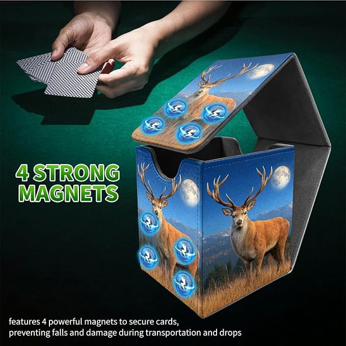 Grassland Deer Card Deck Box for MTG, Personalized Card Storage Case Fits 120+ Sleeved Cards, Premium Leather TCG Box with Strong Magnetic Closure for Magic, CCG, PTCG, Baseball Cards