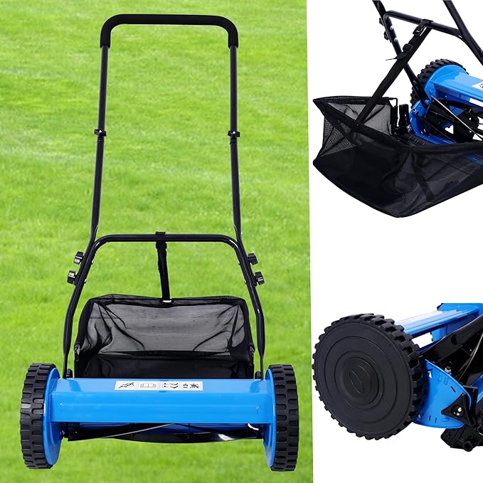 KEIKI 16-Inch Manual Lawn Mower, Push Reel Mowers w/Grass Catcher & Adjustable Cutting Height, 2-Wheels Small Lawnmower with 5 Steel Blades for Graden, Spaces Saving & Easy Assembly, Blue