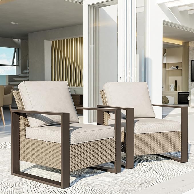 Patio Chairs Set of 2, Outdoor Wicker Chair Metal Patio Furniture with Deep Seating, Thicken Cushions for Deck, Porch, Yard Use (Beige, 2 PCS/Chairs)