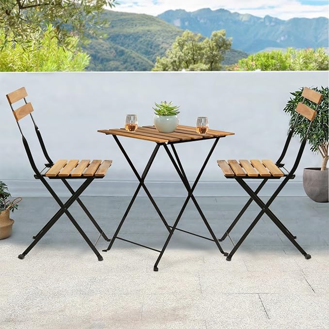 3 Pieces Folding Patio Furniture Set Bistro Set Portable Conversation Set All Weather Resistant Outdoor Furniture with 2 Folding Chairs Table for Patio Outdoor Backyard, Nature