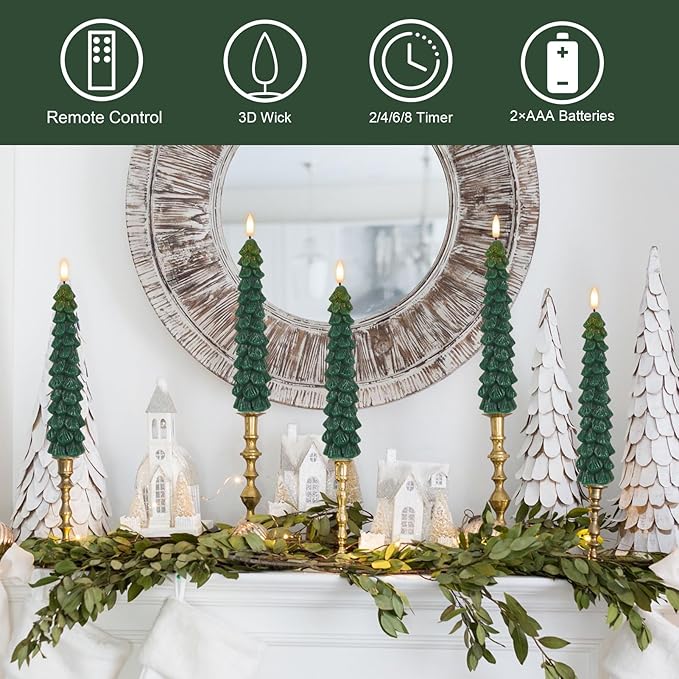 DRomance Christmas Tree Flameless Taper Candles Battery Operated with 10-Key Remote and Timer Real Wax LED Taper Candles 3D Wick Flickering Lifelike Leaves Dinner Xmas Holiday Decoration Set of 4