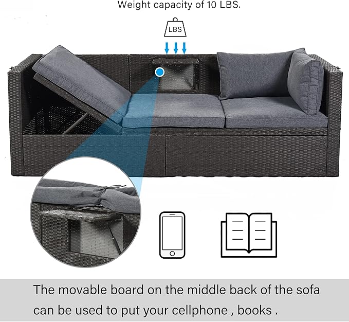Bellemave Outdoor Daybed with Canopy Patio Furniture Set Wicker Rattan Outdoor Sofa Couch Nautica Backyard Sun Lounger Patio Conversation Set for Porch Garden Poolside, Gray