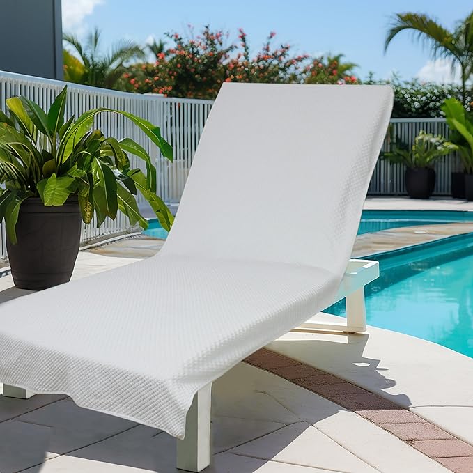 COTTON CRAFT Pool Lounge Chair Cover - 2 Pack Euro Spa Waffle Weave Chaise Lounge Cover - 100% Cotton Ringspun Terry Towel Beach Chair Cover - Oversized 32 in W x 82 in Length x 7 in Pocket – White