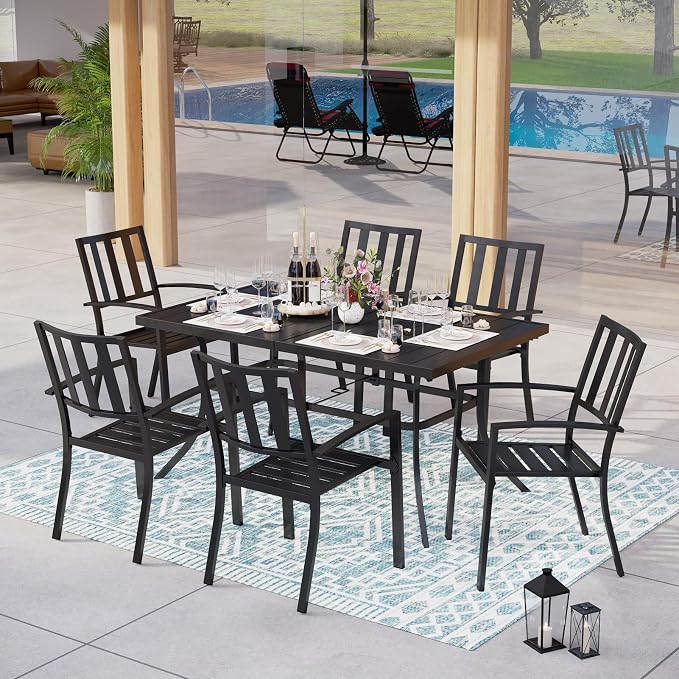 MFSTUDIO Outdoor Dining Set for 6, Patio Table and Chairs Set with Umbrella Hole, 7 Piece Metal Patio Dining Set for Deck Backyard Poolside Garden