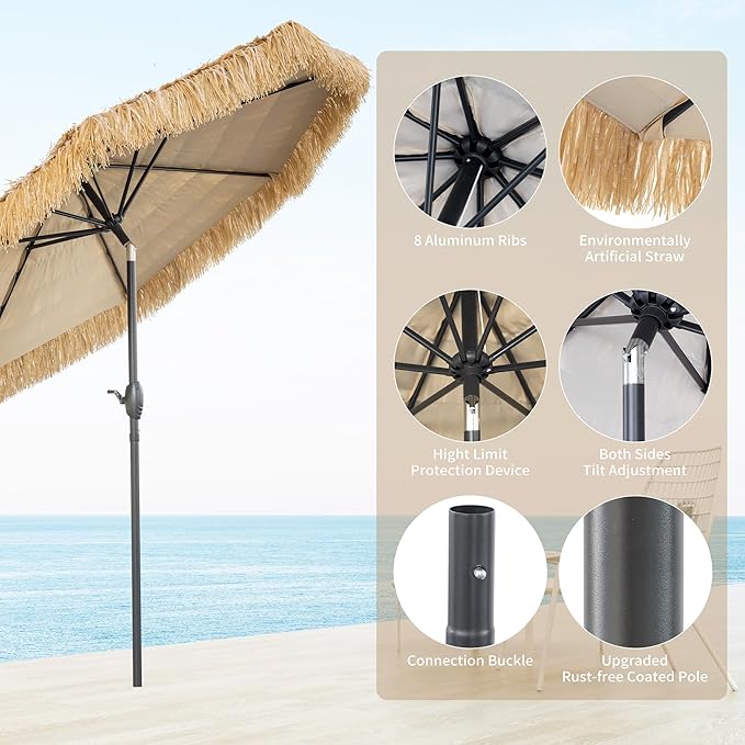 8FT Tiki Umbrella, Patio Umbrella Thatched Umbrella Outdoor Patio, Upgrade with UPF 50+, Tiki Beach Umbrellas with Zinc Alloy Push Button Tilt and for Pool Backyard