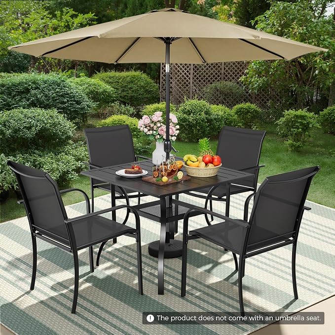 5-Piece Patio Dining Set with Umbrella,4 Person Outdoor Table and Chairs Set, 4 Metal Dining Chairs and Square Outdoor Table with 1.57" Umbrella Hole,Black