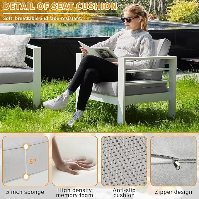 Aluminum Patio Furniture Set, Single Chair Outdoor Set with 5 Inch Cushions, Patio Sofa Sets with Waterproof Covers for Backyard Garden(White)