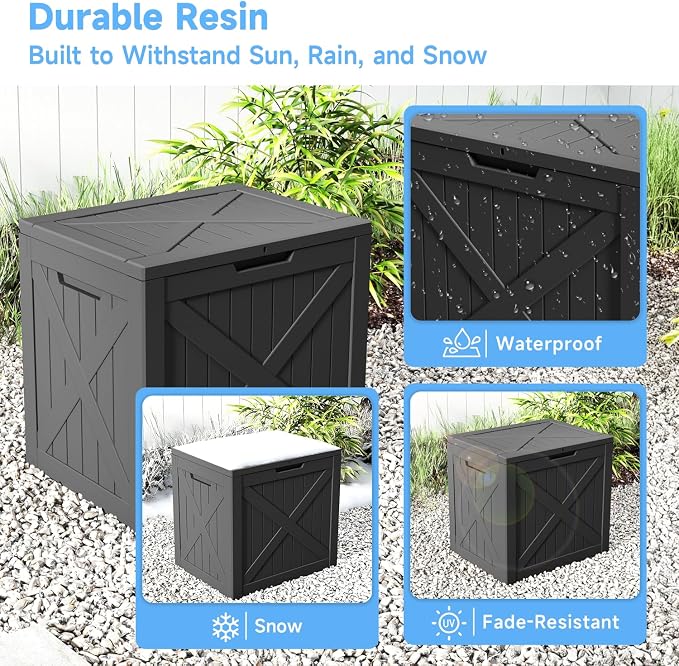 AmaVins Outdoor Storage Box, 31 Gallon Deck Box Indoor and Outdoor Use, Waterproof Resin Storage Bin for Package Delivery, Patio Cushions, Gardening Tools, Lockable, UV Resistant, Black
