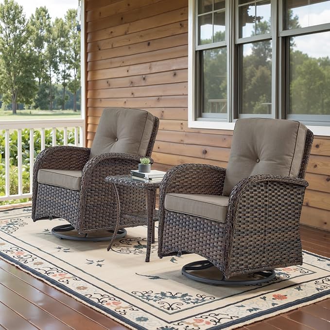Belord Patio Wicker Chairs Swivel Rocker - Outdoor Swivel Rocking Chairs Set of 2 with Rattan Side Table, Patio Swivel Glider Chair 3 Piece Patio Furniture Sets for Patio Porch Pool Brown/Grey