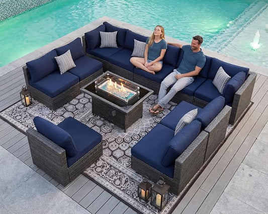 BULEXYARD 11 Piece High Back Patio Furniture Set with Fire Pit Table, Extra Deep Wide Seat Outdoor Sectional Sofa, All-Weather Wicker Modular Conversation Couch 10-Seats for Deck, Grey & Navy Blue