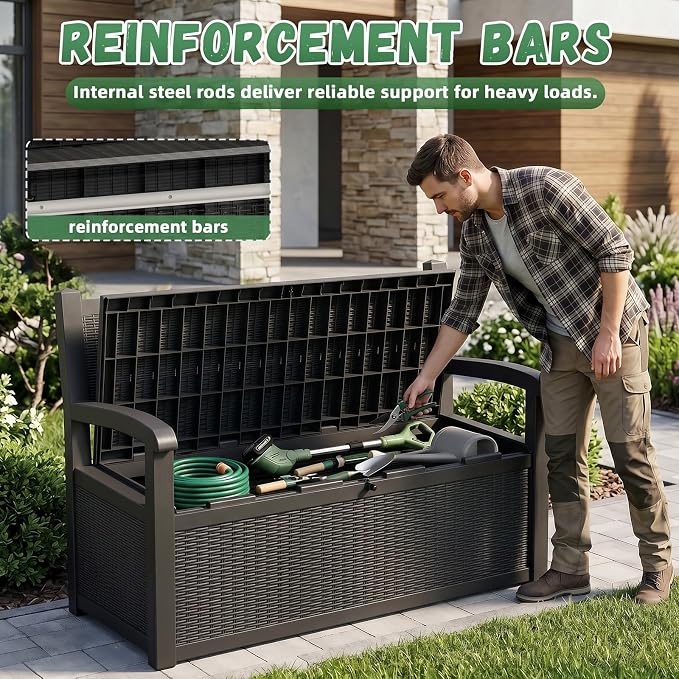 80 Gallon Outdoor Storage Bench Waterproof Resin Lockable UV Resistant Deck Box Benches Furniture Outside Porch Patio Pool Garden Tool Cushion Black