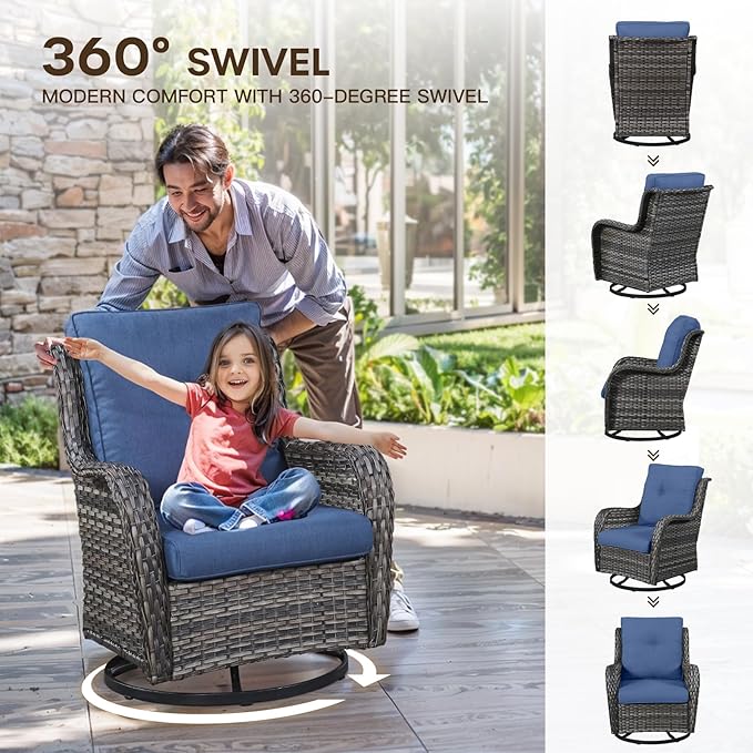 Patio Loveseat Glider Set, Resin Wicker Loveseat Glider with 2 Swivel Patio Chiars and Coffee Table, 4 Piece Patio Bistro Set Furniture Set Loveseat Set, Grey Wicker|Blue Cushions