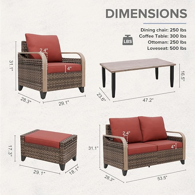 COOS BAY Modern Wicker Outdoor Furniture Set, 6 Piece Patio Conversation Set with 2 Patio Chairs, a 3 Seat Couch, 2 Ottomans and Coffee Table, 6 Piece, Brown/Red