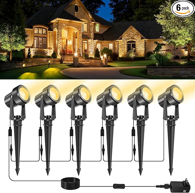LED Spotlights Outdoor,Low Voltage Landscape Lighting IP65 Waterproof with US Plug, 3000K Warm White Outdoor Spot Lights for Yard Flag Pole House Garden Tree(6-in-1)