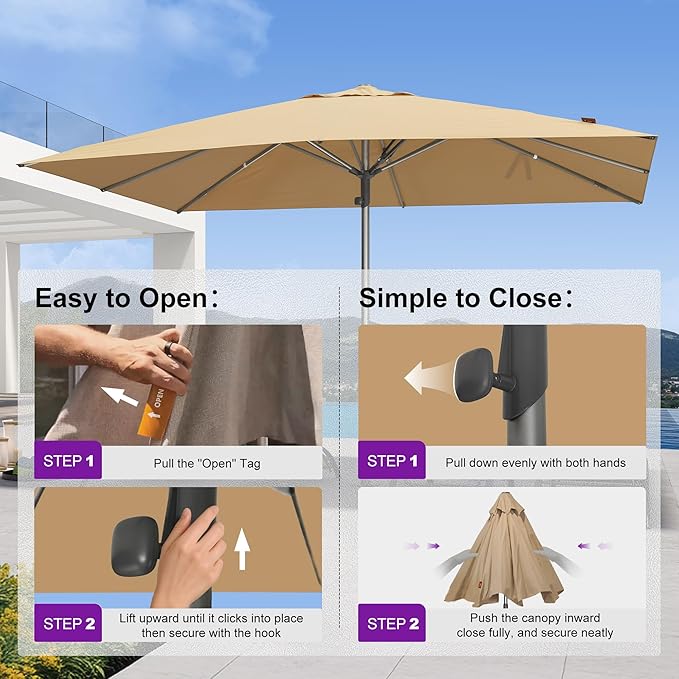 PURPLE LEAF Commercial Grade 10 x 13 FT Heavy Duty Rectangle Market Umbrella Semi Auto Open All Weather Wind Resistant Reinforced Aluminum Frame Outdoor Patio Umbrella for Restaurant Hotel Resort Cafe Poolside Business Use Beige