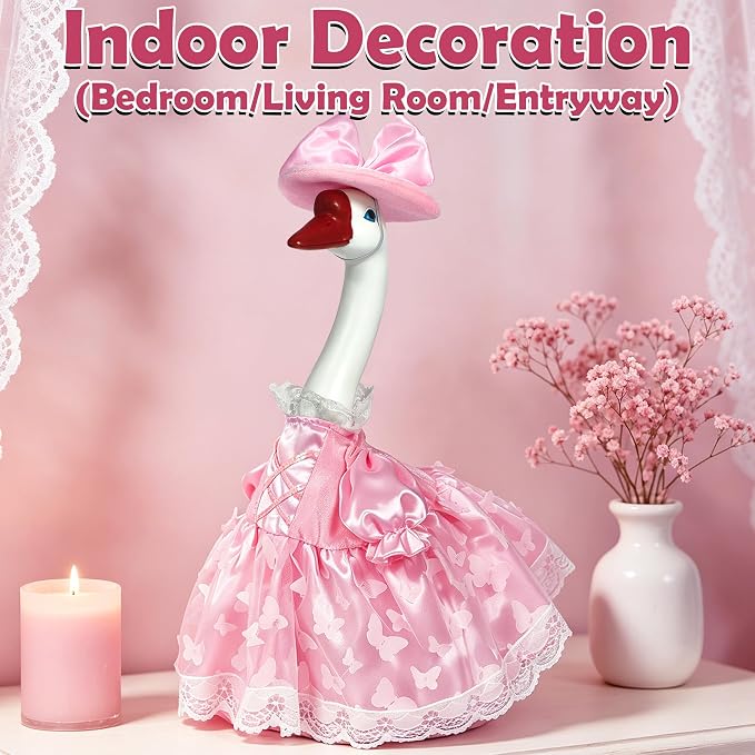 Porch Goose Statue with Princess Outfits - Cute Resin Goose Figurine with Pink Princess Dress Bow Hat, Waterproof Weather Resistant Garden Decor for Patio Lawn Room, Gift for Women Goose Lovers