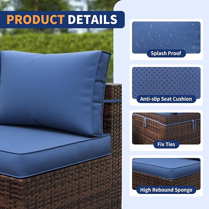 Patio Furniture Set, 7 Piece Outdoor Sectional with Waterproof Cover, All-Weather Wicker Patio Conversation Sets for Backyard (Brown with Navy Cushion)