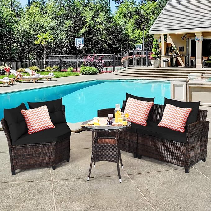 Tangkula 4-Piece C Shape Patio Furniture Set, Outdoor Corner Wicker Rattan Sectional Cushioned Sofa Set, with Glass Coffee Table, for Garden Poolside Balcony (Black)