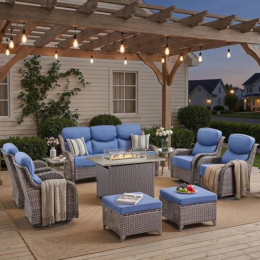 Luxury Patio Furniture Set with 42.5" Fire Pit Table, 10 Pieces High Back All Weather Wicker Outdoor Furniture w/ 6-Inch Thick Cushions, Patio Swivel Chairs Couch for Deck Balcony Backyard Brown/Blue