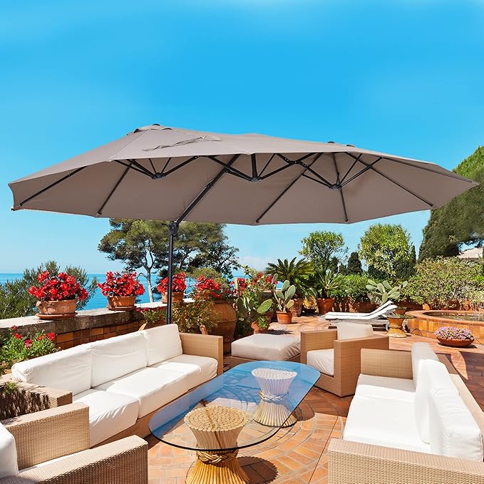 GOWE 14ft Patio Umbrella Double-Sided Outdoor Market Extra Large Umbrella with Crank, Cross Base for Deck, Lawn, Backyard and Pool, Brown