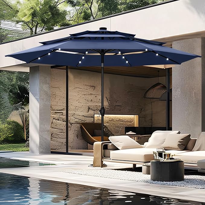 PHI VILLA 10ft Patio Umbrella with Light, Outdoor Large Auto-Tilt 3 Tier Market Table Umbrellas with 8 Sturdy Ribs and 1.5" Pole for Lawn Poolside Garden Terrace,Navy Blue
