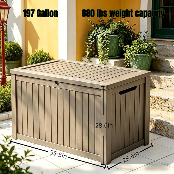 197 Gallon Large Resin Outdoor Storage Box, Waterproof Deck Box, Lockable Deck Container with Reinforced Support, Outdoor Chest for Patio Accessories, Outdoor Cushions, Garden Tools, Taupe Gray