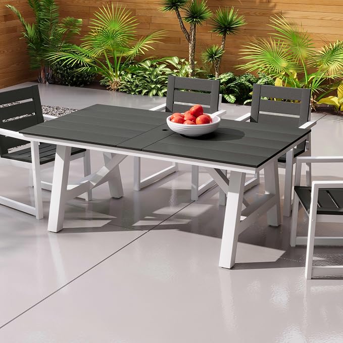 Costaelm Outdoor Dining Tables for Patio, 72" Rectangle 6-Person HDPE Dining Table with Umbrella Hole and Metal Frame for Outside, Garden, Poolside, Backyard, Porch, Balcony, Gray