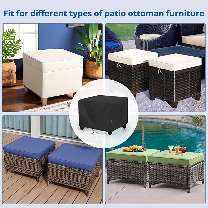 SunPatio Outdoor Ottoman Cover, Waterproof Square Coffee Table Cover, Patio Furniture Side Table Cover, All Weather Protection, 26W x 26D x 18H, Black