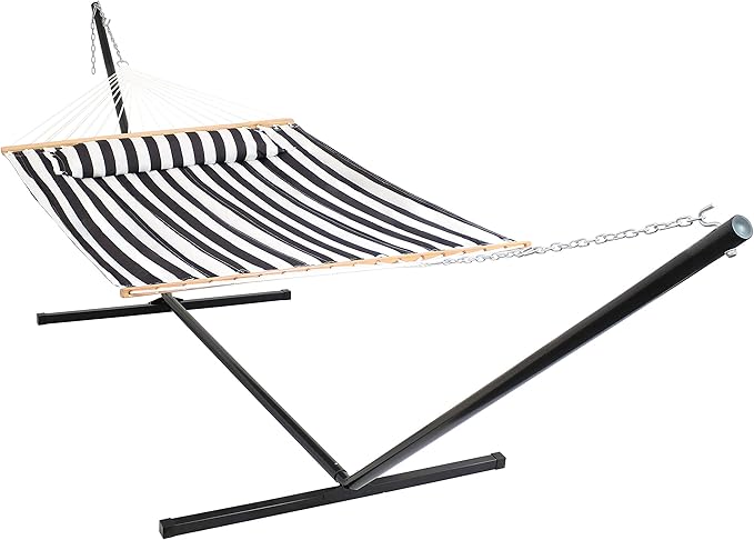 Sunnydaze Quilted Double Hammock with Stand for Outside - 400-Pound Capacity 2-Person Hammock with Stand - 15-Foot Stand - Black and White