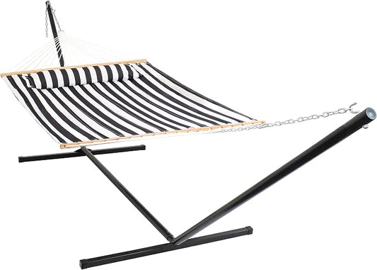 Sunnydaze Quilted Double Hammock with Stand for Outside - 400-Pound Capacity 2-Person Hammock with Stand - 15-Foot Stand - Black and White
