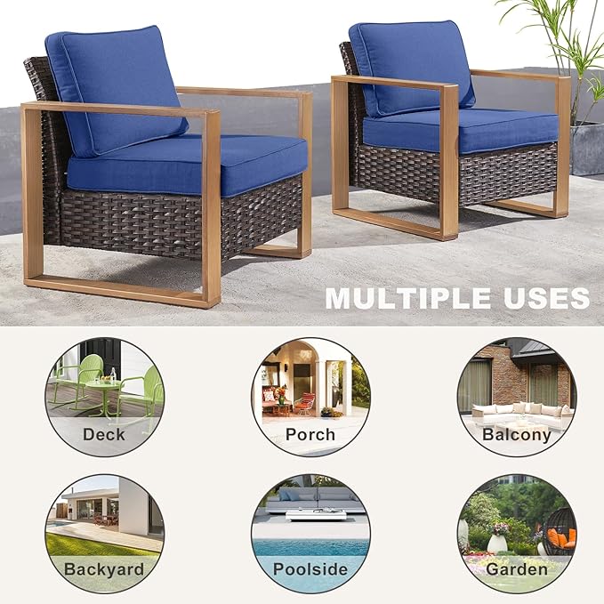 Rilyson Outdoor Wicker Patio Furniture Set - 4 Piece Patio Conversation Set with 2 Wicker Armrest Chairs,2 Rattan Ottoman, Sturdy Frame, Thick Cushions, Deep Seating(Brown/Blue)