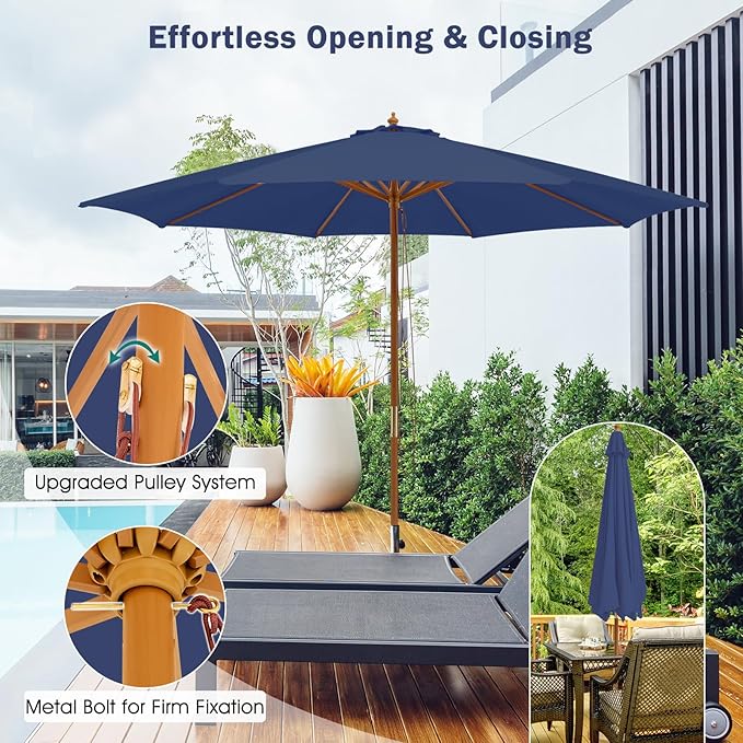 Giantex 10FT Patio Umbrella, Outdoor Table Market Umbrella with 8 Bamboo Ribs, Pulley Lift and Ventilation Hole, Outdoor Sunshade Umbrella for Poolside Backyard Beach