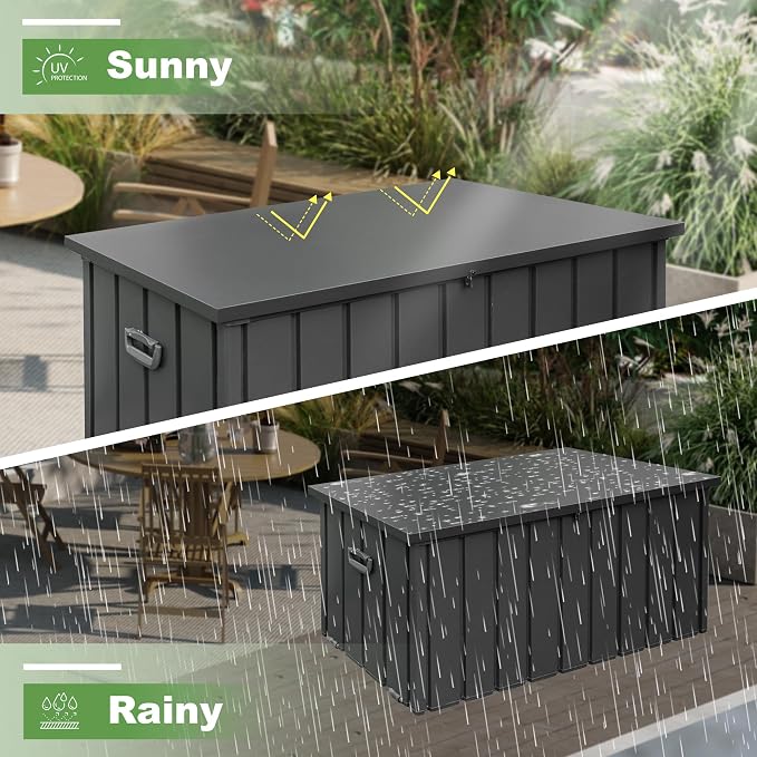 Domi 160 Gallon Deck Box, Outdoor Metal Lockable Storage Cabinet, Waterproof Steel Outdoor Bench with Lockable Lid, Side Handles & Rolling Casters for Outside Cushions, Pillows, Garden Tools, Grey